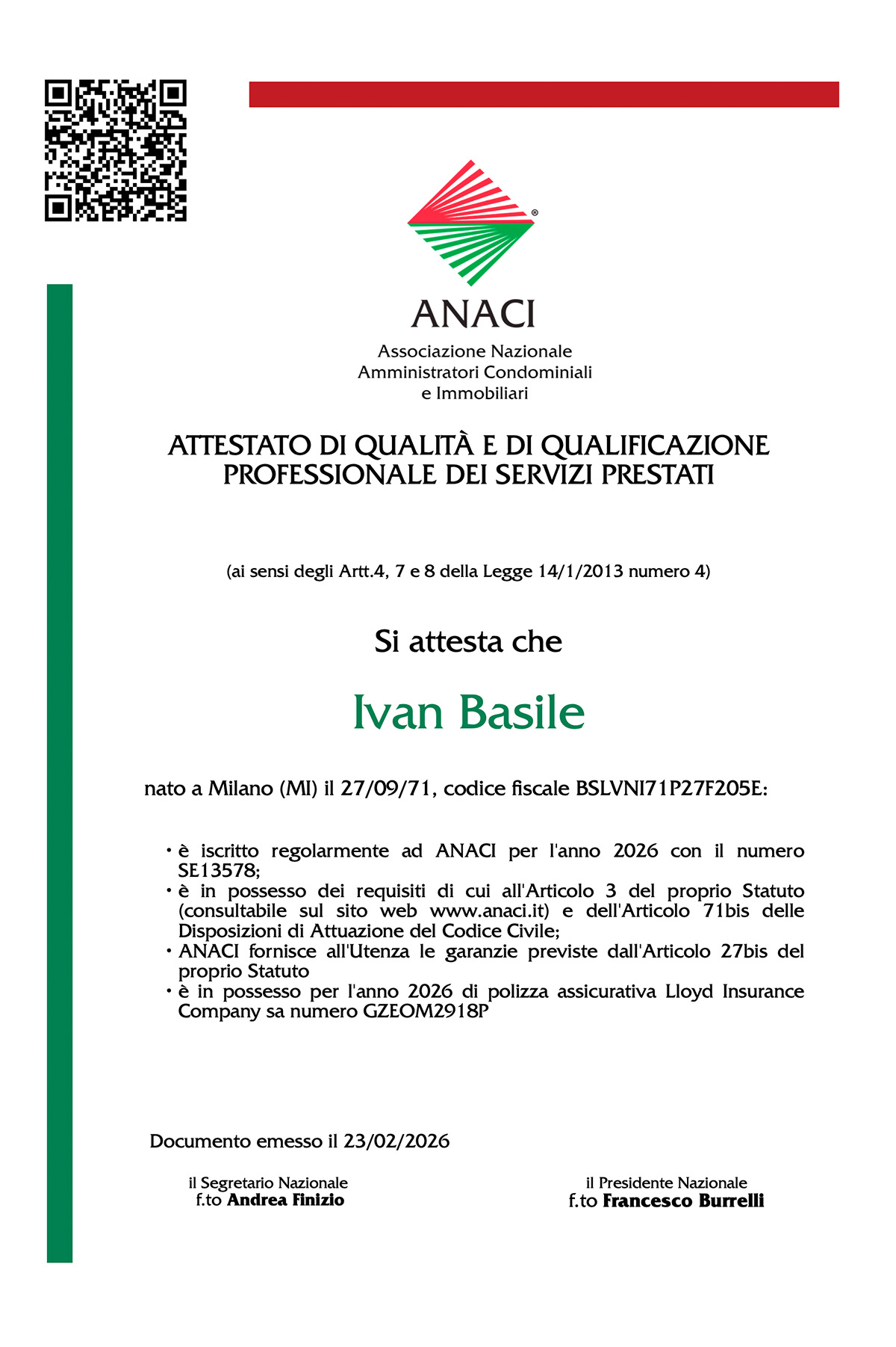 attestato qualità ivan basile